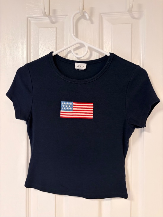 Le Lis Tops - Le Lis Navy Cropped Tee with Embroidered Flag